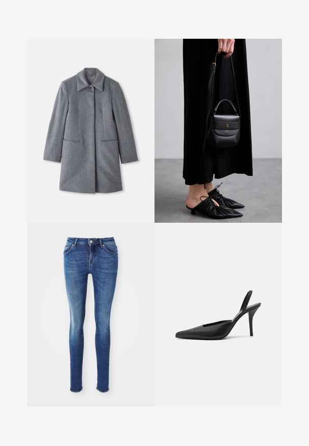 Szürke gyapjú, közepes hosszúságú kabát széles gallérral, egyetlen látható gombbal és két vízszintes elülső zsebbel, fehér háttér előtt bemutatva.; Világos bézs színű, hosszú ujjú felső, magas gallérral és hátul zippzárral, puha, sima anyagból készült; elnyúló szabással és egyenes aljjal rendelkezik.; Kék farmer skinny nadrág sima textúrával, közepes magasságú derékkal, öt zsebbel és világos kopással a combokon. Fém gomb és cipzáras záródás jellemzi.; Fekete pántos magassarkú cipők, hegyes orral, sima bőrből készült anyaggal és letisztult, minimalista dizájnnal. Magas tűs sarok.; Kis fekete bőrtáska kerekded formával, felső fogantyúval és levehető pánttal. Fekete szövetruhával és fekete redőzött cipőkkel viselve.; Arany színű karika fülbevalók csavarodó mintával, bordázott felülettel és sima bevonattal. Könnyű és üreges szerkezet.