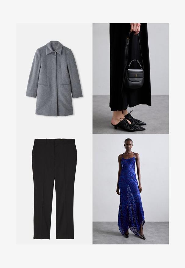 Pelēks vilnas mētelis vidējā garumā ar plašu apkakli, vienu redzamu pogu un divām horizontālām priekšējām kabatām, izlikts uz balta fona.; Gai bēšs garām piedurknēm tops ar augstu apkakli un aizmugures rāvējslēdzēju, izgatavots no mīksta, gluda auduma; ar pieguļošu dizainu un taisnu apakšmalu.; Melni uzvalka bikses ar taisnu piegriezumu, aprīkotas ar divām priekšējām kabatām un rāvējslēdzējiem augšstilbu daļā, lai pielāgotu piegulumu. Gluda tekstūra.; Zila un violeta dzīvnieku raksta maxi kleita ar plāniem plecu siksnām, pieguļošu augumu, izplestu apakšdaļu un caurspīdīgu dekoratīvo kārtu.; Maza melna ādas rokassoma ar noapaļotu formu, augšējo rokturi un noņemamu siksnu. Valkāta kopā ar melnu auduma kleitu un melniem kroku apaviem.