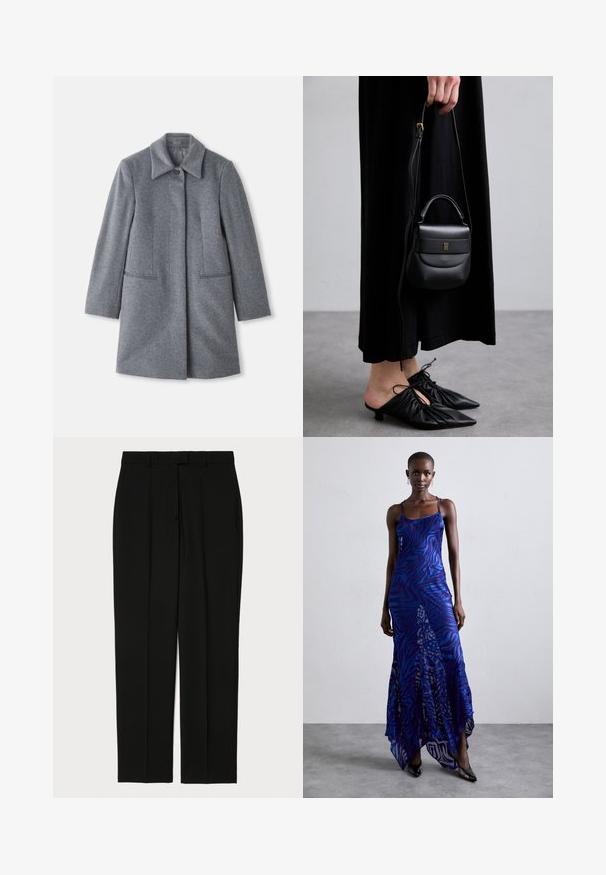 Γκρι μάλλινο παλτό μεσαίου μήκους με φαρδύ γιακά, έναν εμφανή κουμπί και δύο οριζόντιες μπροστινές τσέπες, το οποίο παρουσιάζεται σε λευκό φόντο.; Ανοιχτό μπεζ μπλούζα με μακριά μανίκια και ψηλό γιακά, με φερμουάρ στην πλάτη, φτιαγμένη από μαλακό, λείο ύφασμα; διαθέτει στενή γραμμή και ίσια κόψη.; Μαύρο παντελόνι φτιαγμένο από λείο ύφασμα, με σχέδιο ευθείας γραμμής, δύο μπροστινές πτυχές και παραδοσιακή ζώνη με θηλιές.; Μακρύ φόρεμα με καμηλοπάρδαλη σχέδιο σε μπλε και μωβ αποχρώσεις, λεπτές τιράντες, εφαρμοστό κορσέ, φαρδύ στρίφωμα και διαφάνεια στη λεπτομέρεια.; Μικρή μαύρη δερμάτινη τσάντα με στρογγυλή μορφή, επάνω χερούλι και αποσπώμενο λουράκι. Φορεμένη με μαύρο φόρεμα από ύφασμα και μαύρες πτυχωτές γόβες.; Χρυσά σκουλαρίκια κρίκοι με περιστρεφόμενο σχέδιο, διαθέτοντας ραβδωτή υφή και λεία φινίρισμα. Ελαφριά και κούφια κατασκευή.