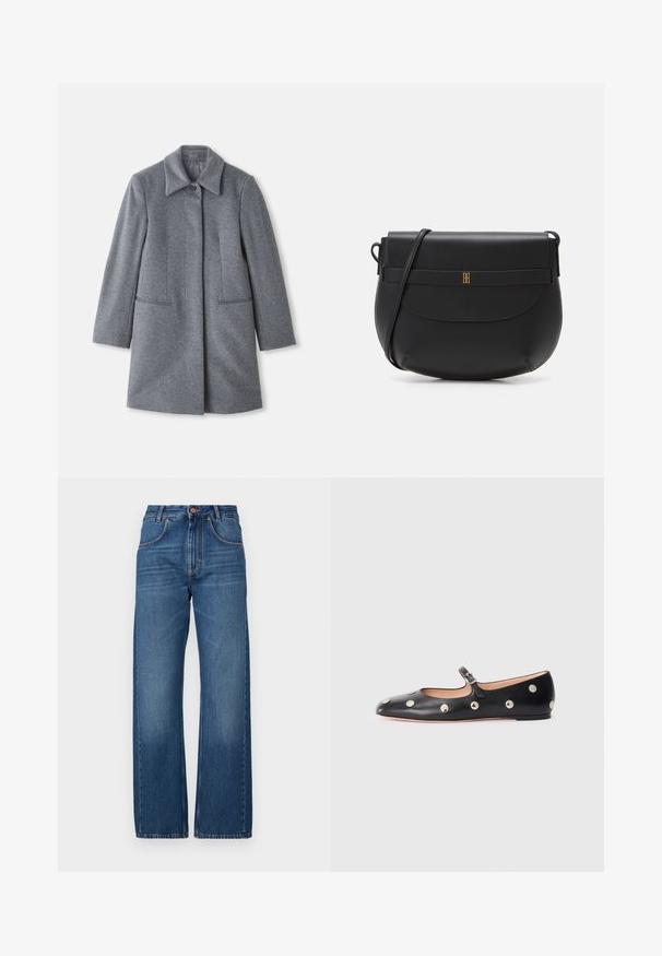 Palton gri din lână, de lungime medie, cu guler lat, un singur buton vizibil și două buzunare frontale orizontale, expus pe un fundal alb.; Cămașă bej deschis cu mâneci lungi, guler înalt și fermoar pe spate, realizată dintr-un material moale și neted; prezintă un design ajustat și un tiv drept.; Jeans cu talie înaltă și picior larg din denim de culoare albastru închis. Prezintă cusături vizibile, două buzunare frontale și închidere cu un singur nasture la talie.; Pantofii Mary Jane din piele neagră, cu vârful rotund, decorati cu nasturi circulari argintii și o curea ajustabilă cu cataramă.; Geantă din piele neagră tip crossbody, cu o formă rotunjită, design minimalistic, închidere cu clapetă și un accent auriu în centrul său.; Cercei din metal auriu, cu un design răsucit, având o textură îmbătrânită și o finisare netedă. Construcție ușoară și goală.