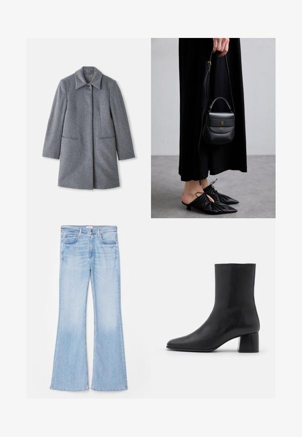Szürke gyapjú, közepes hosszúságú kabát széles gallérral, egyetlen látható gombbal és két vízszintes elülső zsebbel, fehér háttér előtt bemutatva.; Világos bézs színű, hosszú ujjú felső, magas gallérral és hátul zippzárral, puha, sima anyagból készült; elnyúló szabással és egyenes aljjal rendelkezik.; Citizens of Humanity ISOLA - Bootcut farmer - pale indigo; Fekete bőr bokacsizma hegyes orral és vastag, négyzet alakú sarokkal. Simább felület, mondanivaló nélküli dizájn és minimalista varrás.; Kis fekete bőrtáska kerekded formával, felső fogantyúval és levehető pánttal. Fekete szövetruhával és fekete redőzött cipőkkel viselve.; Arany színű karika fülbevalók csavarodó mintával, bordázott felülettel és sima bevonattal. Könnyű és üreges szerkezet.