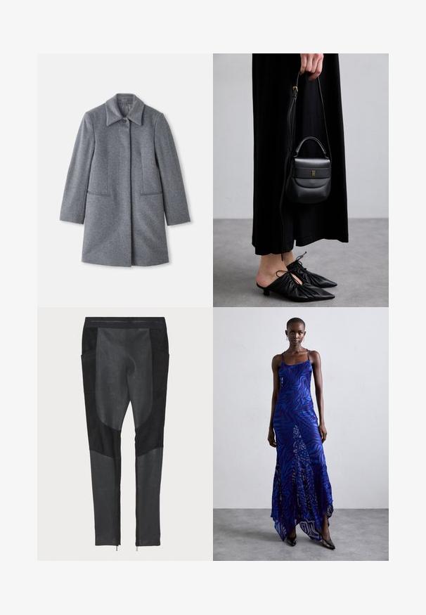 Harmaa villainen puolipitkä takki, jossa on leveä kaulus, yksi näkyvä nappi ja kaksi vaakasuoraa etutaskua, esillä valkoista taustaa vasten.; Vaaleanbeige pitkähihaisessa paidassa on korkeampi kaulus ja takana vetoketju, se on valmistettu pehmeästä ja sileästä kankaasta; siinä on muotoiltu malli ja suora helma.; Mustat housut, joissa on yhdistelmä mokkaa ja farkkukangasta. Slim fit -malli, sivutaskut ja nilkassa vetoketjut. Sileä pinta, jolla on erottuva paneelimuotoilu.; Sininen ja violetti eläinkuosinen maksimekko ohuiden hihnojen kanssa, istuva yläosa, levenevä helma ja läpikuultava yksityiskohtainen päällyste.; Pieni musta nahkabag, jonka muoto on pyöreä, yläkahva ja irrotettava olkahihna. Yhdistetty mustan kankaan mekkoon ja mustiin plissee-kenkään.; Korvakorut, joissa on kulta sävyinen rengas ja kierrätetty muotoilu, jossa on uurteinen pinta ja sileä viimeistely. Kevyt ja ontto rakenne.