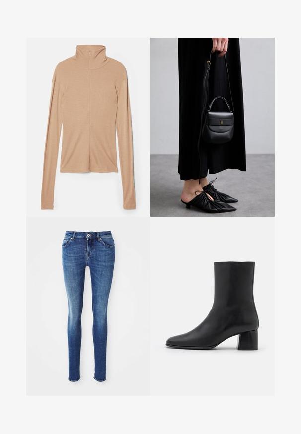 Grå ullmellang kappa med en bred krage, en synlig knapp och två horisontella framfickor, uppvisad mot en vit bakgrund.; Ljusbeige långärmad topp med hög krage och dragkedja i ryggen, tillverkad av ett mjukt, slätt tyg; har en figurnära design och rak nederkant.; Blå denim skinny jeans med slät textur, medelhög midja, fem fickor och lätt blekning på låren. Har metallknapp och dragkedja.; Svart läderankelstövel med spetsig tå och chunkig fyrkantig klack. Slät textur med sömlös design och minimalistisk sömnad.; Liten svart läderhandväska med rundad form, handtag ovanpå och avtagbar rem. Bärs med svart tygklänning och svarta plisserade skor.; Guldtonade hoops med en vriden design, som har en ribbad yta och en slät finish. Lätta och ihåliga.