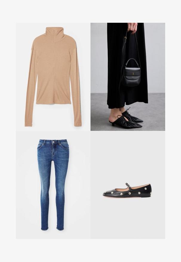 Grau wollener Mantel in mittellanger Form mit breitem Kragen, einem sichtbaren Knopf und zwei horizontalen vorderen Taschen, präsentiert auf einem weißen Hintergrund.; Hellbeige Langarmoberteil mit hohem Kragen und einem Reißverschluss auf der Rückseite, aus einem weichen, glatten Stoff gefertigt; hat ein tailliertes Design und einen geraden Saum.; Blaue Denim-Skinny-Jeans mit glatter Textur, mittelhohem Bund, fünf Taschen und leichter Ausbleichung an den Oberschenkeln. Mit Metallknopf und Reißverschluss.; Schwarze Leder-Mary-Jane-Ballenflats mit runder Zehenform, ausgestattet mit silbernen runden Nieten und einem verstellbaren Riemen mit Schnalle.; Kleine schwarze Ledertasche mit runder Form, Obergriff und abnehmbarem Riemen. Getragen zu einem schwarzen Stoffkleid und schwarzen plissierten Schuhen.; Goldfarbene Creolen mit einem gedrehten Design, das eine gerippte Textur und eine glatte Oberfläche aufweist. Leicht und hohl konstruiert.