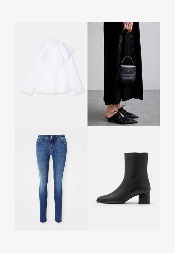 Harmaa villainen puolipitkä takki, jossa on leveä kaulus, yksi näkyvä nappi ja kaksi vaakasuoraa etutaskua, esillä valkoista taustaa vasten.; Valkoinen puuvillapaita, jossa on suuri, röyhelöity kaulus ja pitkät hihat. Paidassa on nappikiinnitys edessä ja suora siluetti.; Siniset farkut kapeat housut, joissa on sileä pinta, keski-korkea vyötärö, viisi taskua ja kevyttä haalistumaa reisissä. Varustettu metallinapeilla ja vetoketjulla.; Mustat nahkasaappaat nilkkakorkeudella, joissa on terävä kärki ja tukeva neliön muotoinen korko. Sileä pinta, saumaton muotoilu ja minimalistinen ommel.; Pieni musta nahkabag, jonka muoto on pyöreä, yläkahva ja irrotettava olkahihna. Yhdistetty mustan kankaan mekkoon ja mustiin plissee-kenkään.; Korvakorut, joissa on kulta sävyinen rengas ja kierrätetty muotoilu, jossa on uurteinen pinta ja sileä viimeistely. Kevyt ja ontto rakenne.