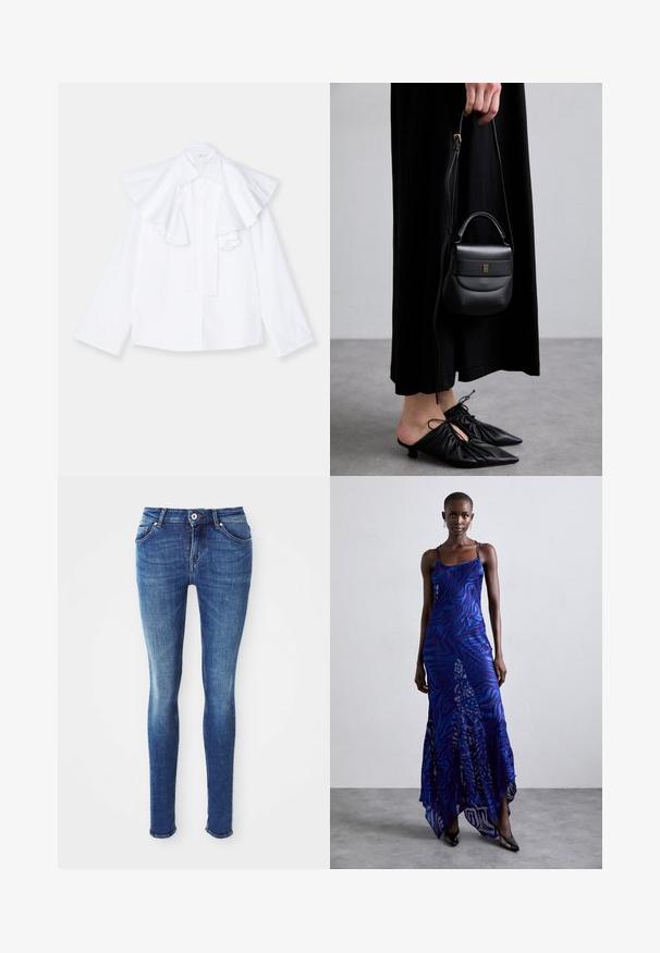 Grau wollener Mantel in mittellanger Form mit breitem Kragen, einem sichtbaren Knopf und zwei horizontalen vorderen Taschen, präsentiert auf einem weißen Hintergrund.; Weißes Baumwollhemd mit einem großen, Rüschenkragen und langen Ärmeln, ausgestattet mit einer durchgehenden Knopfleiste und einer geraden Silhouette.; Blaue Denim-Skinny-Jeans mit glatter Textur, mittelhohem Bund, fünf Taschen und leichter Ausbleichung an den Oberschenkeln. Mit Metallknopf und Reißverschluss.; Maxikleid im blauen und lila Tiermuster mit dünnen Trägern, einem taillierten Oberteil, ausgestelltem Saum und transparenten Überlagerungen.; Kleine schwarze Ledertasche mit runder Form, Obergriff und abnehmbarem Riemen. Getragen zu einem schwarzen Stoffkleid und schwarzen plissierten Schuhen.