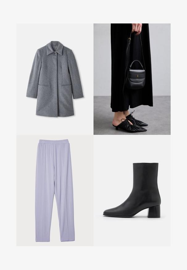 Grau wollener Mantel in mittellanger Form mit breitem Kragen, einem sichtbaren Knopf und zwei horizontalen vorderen Taschen, präsentiert auf einem weißen Hintergrund.; Schwarzes Langarmoberteil aus weichem Stoff, mit rundem Ausschnitt und lässiger Passform, seitlichen Schlitzen am Saum für mehr Bewegungsfreiheit.; Helle lila, elastische Taillenhose mit lockerem Schnitt, glatter Textur und seitlichen Falten. Entworfen für Komfort und Bewegungsfreiheit.; Schwarze Leder-Ankle-Boots mit spitzer Zehenpartie und einem klobigen, quadratischen Absatz. Glatte Textur mit nahtlosem Design und minimalistischem Nähen.; Kleine schwarze Ledertasche mit runder Form, Obergriff und abnehmbarem Riemen. Getragen zu einem schwarzen Stoffkleid und schwarzen plissierten Schuhen.