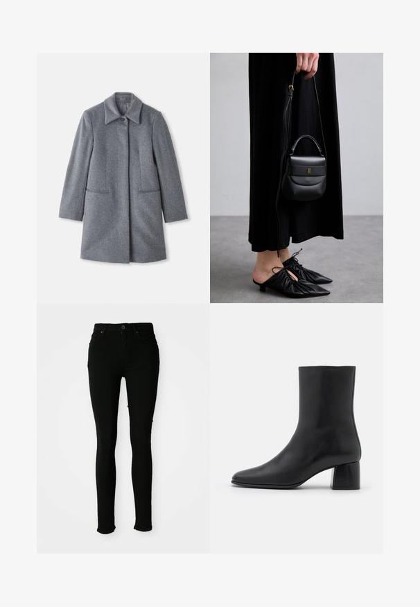 Pilkos vilnos vidutinio ilgio paltas su plačia apykakle, viena matoma saga ir dvi horizontalios priekinės kišenės, pristatomas ant baltos fono.; Duos bežinių megztų be rankovių turndekų, vienas rudas, kitas juodas, pristatyti ant balto fono.; Juodi liesi džinsai pagaminti iš lygaus audinio, su mygtukų užsegimu, diržo kilpomis ir be matomų dėvėjimosi ženklų.; Juodas odinis kulkšninis botas su smailiu pirštu ir masyviu kvadratiniu kulnu. Lygus paviršius be siūlių ir minimalizmu išsiskiriantis dizainas.; Maža juoda odinė rankinė su apvalia forma, viršutine rankena ir nuimama dirželiu. Nešiojama su juoda audinio suknele ir juodais klostuotais bateliais.; Aukso spalvos žiedinės auskarai su sukimosi dizainu, turintys briaunuotą tekstūrą ir lygų paviršių. Lengvi ir tuščiaviduriai.
