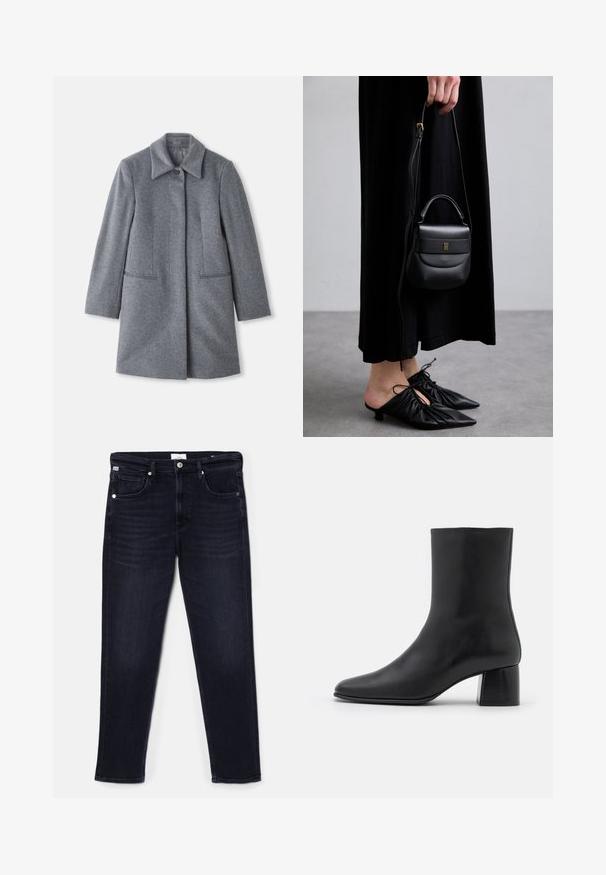 Siv volnen plašč srednje dolžine s širokim ovratnikom, enim vidnim gumbom in dvema vodoravnima sprednjima žepoma, prikazan na beli podlagi.; Olivno zelena kratkoročna majica z dolgimi rokavi iz mehkega blaga, s krožnim izrezom in sproščenim krojem, prikazana na beli podlagi.; Temno modri džins hlače s ravnim krojem, petimi žepi in kovinskim okovjem na pasu in žepih. Gladka tekstura.; Črne usnjene gležnjarje s koničastim nosom in masivnim kvadratnim peto. Gladka tekstura z brezšivnim dizajnom in minimalnim šivanjem.; Majhna črna usnjena torbica za čez ramo z zaobljeno obliko, zgornjim ročajem in snemljivim trakom. Nosi se z črno tkaninsko obleko in črnimi nabranimi čevlji.; Uhani z zlatim tonom v obliki obroča s zasukanim dizajnom, ki ima rebrasto teksturo in gladek finiš. Lahka in votla konstrukcija.