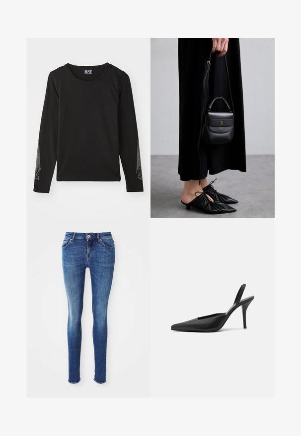 Sivi vuneni kaput srednje dužine s širokim kragnom, jednim vidljivim dugmetom i dva horizontalna prednja đepa, prikazan na bijeloj pozadini.; Crna majica dugih rukava napravljena od mekanog materijala, s okruglim izrezom i srebrnim ukrasima duž rukava u gradijentnom uzorku.; Plave uske traperice s glatkom teksturom, srednjim strukom, pet džepova i laganim izbljeđivanjem na bedrima. Imaju metalnu dugmad i zatvaranje na patentni zatvarač.; Crne slingback cipele s visokom potpeticom i špicastim prstom, od glatke kože s elegantnim, minimalističkim dizajnom. Visoka stiletto potpetica.; Mala crna kožna torbica za ruku sa zaobljenim oblikom, gornjom ručkom i uklonjivim remenom. Nosena uz crnu haljinu od tkanine i crne plisirane cipele.; Zlatne okrugle naušnice s uvijenim dizajnom, s rebrastom teksturom i glatkom završnom obradom. Lagana i šuplja konstrukcija.