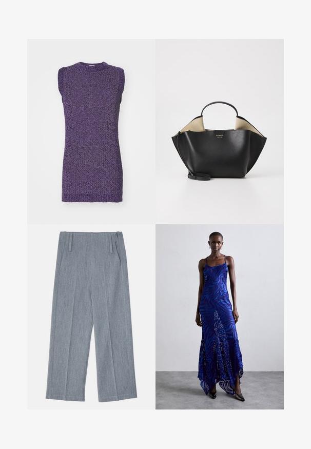 Šedý vlněný kabát strednej dĺžky so širokým golierom, s jedným viditeľným gombíkom a dvoma vodorovnými prednými vreckami, vystavený na bielom pozadí.; Fialová bezrukávová sveter s textúrovaným úpletovým vzorom a zaobleným výstrihom. Tkanina vyzerá mäkká a mierne elastická.; Svetlo šedé, široké nohavice vyrobené z textúrovanej tkaniny, s dvoma prednými záhybmi a dvoma bočnými vreckami. Čistý, strihovo presný dizajn.; Maxi šaty s potlačou zvieracích vzorov v modrej a fialovej farbe, s tenkými ramienkami, priliehavým telom, rozšíreným lemom a priesvitnými detailmi.; Ree Projects ANN TOTE MINI - Kabelka - black; Náušnice v zlatej farbe vo forme kruhu s točiacim sa dizajnom, s drážkovanou textúrou a hladkým povrchom. Ľahká a prázdna konštrukcia.