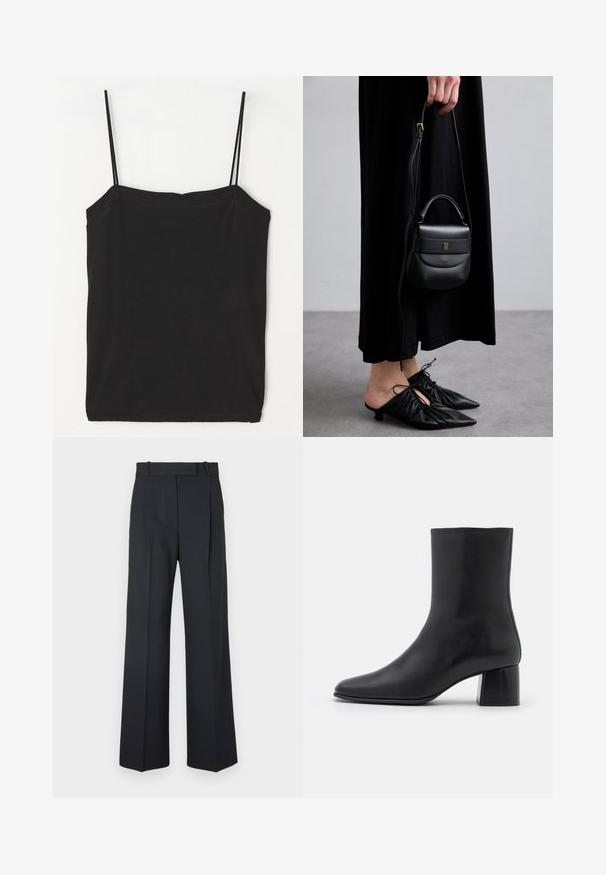 Grau wollener Mantel in mittellanger Form mit breitem Kragen, einem sichtbaren Knopf und zwei horizontalen vorderen Taschen, präsentiert auf einem weißen Hintergrund.; Schwarzes ärmelloses Top mit dünnen Trägern, aus einer weichen Baumwollmischung gefertigt, mit einem geraden Halsausschnitt und einer taillierten Silhouette.; Dunkelblaue Nadelstreifenhosen mit hoher Taille, weit geschnittenem Bein und ohne sichtbare Beschläge oder Verzierungen. Glatte Textur und taillierte Passform.; Schwarze Leder-Ankle-Boots mit spitzer Zehenpartie und einem klobigen, quadratischen Absatz. Glatte Textur mit nahtlosem Design und minimalistischem Nähen.; Kleine schwarze Ledertasche mit runder Form, Obergriff und abnehmbarem Riemen. Getragen zu einem schwarzen Stoffkleid und schwarzen plissierten Schuhen.; Goldfarbene Creolen mit einem gedrehten Design, das eine gerippte Textur und eine glatte Oberfläche aufweist. Leicht und hohl konstruiert.