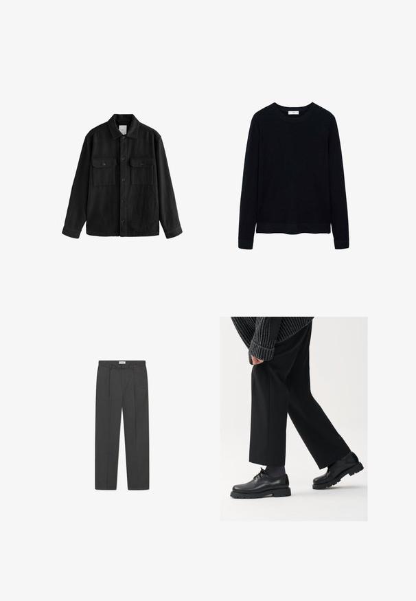 Čierna voľná košeľa vyrobená z mäkkej tkaniny, s dlhými rukávmi, dvoma náprsníkovými vreckami, predným zapínaním na gombíky a klasickým dizajnom goliera.; Čierny rebrovaný sveter s dlhými rukávmi, okrúhlym výstrihom a jemnou textúrou. Zatvorené manžety a lem prispievajú k jeho štruktúrovanému dizajnu.; Šedé elegantné nohavice s jemným károvaným vzorom, textúrovaným tkaním a prednými záhybmi, s pásom vybaveným pútkom na opasok.; Čierne kožené topánky s okrúhlou špičkou, viazaním a hrubou, štruktúrovanou podrážkou. Nosené s upravenými čiernymi nohavicami a rebrovaným sveterom.