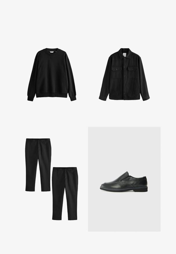 Schwarzes, übergroßes Hemd aus weichem Material, mit langen Ärmeln, zwei Brusttaschen, Knopfverschluss und klassischem Kragen.; Schwarzer Sweatshirt aus Baumwollmischung, mit rundem Ausschnitt, überschnittenen Schultern, gerippten Bündchen und einem lässigen, kastigen Schnitt.; Schwarze maßgeschneiderte Hosen mit glatter Textur, gerade Beine und mittlere Taille. Zwei Paare dargestellt, eines cropped.; Schwarze Leder-Slipper mit glattem Obermaterial, gesteppten Akzenten, runder Zehenpartie und niedrigem Gummiabsatz. Die Sohle hat ein minimales Profil.