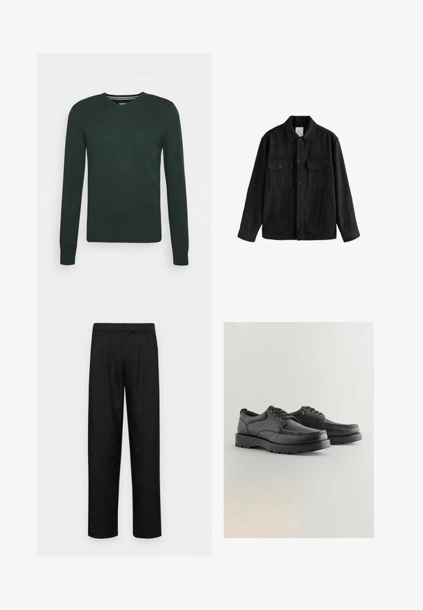 Fekete, túlnyúló ing puha anyagból, hosszú ujjakkal, két mellzsebbel, gombos elülső résszel és klasszikus gallér dizájnnal.; Sötétzöld V-nyakú pulóver. Kötött anyagból készült, hosszú ujjú, bordázott mandzsettával és egyenes szegéllyel. Finom textúrájú felszín jellemzi.; Fekete nadrág sima anyagból, egyenes szárú fazonnal, két elülső redővel és közönséges derékkal, övhurkokkal.; Fekete bőr cipők textúrált felsőrésszel, kerek orral, fűzős kialakítással és vastag gumitalppal, amely barázdált mintázattal rendelkezik.