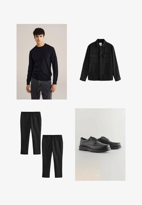 Fekete, túlnyúló ing puha anyagból, hosszú ujjakkal, két mellzsebbel, gombos elülső résszel és klasszikus gallér dizájnnal.; Fekete pamut kereknyakú pulóver hosszú ujjakkal, bordás mandzsettákkal és szegéllyel; szürke farmernadrággal párosítva. Egyszerű, testhezálló kialakítás, minta nélkül.; Fekete szabott nadrág sima textúrával, egyenes lábbal és közepes derékkal. Két pár látható, az egyik cropped fazonú.; Fekete bőr cipők textúrált felsőrésszel, kerek orral, fűzős kialakítással és vastag gumitalppal, amely barázdált mintázattal rendelkezik.