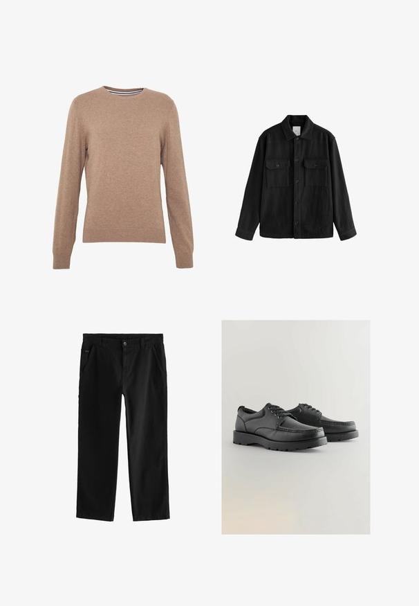 Crna oversized košulja od mekog materijala, s dugim rukavima, dva džepa na prsima, gumbom sprijeda i klasičnim dizajnom ovratnika.; Smeđi pulover od pletenog materijala, s okruglim izrezom i dugim rukavima. Riblje manžete i donji rub, jednobojan s mekanom teksturom.; Crne pamučne hlače s ravnim nogavicama, s prednjim zatvaranjem na dugme, koso postavljenim bočnim džepovima i suptilnim detaljima šivanja.; Crne kožne cipele s teksturiranim gornjim dijelom, okruglim nosom, dizajnom s vezanjem i debelim gumenim potplatima s uzorkom za hodanje.