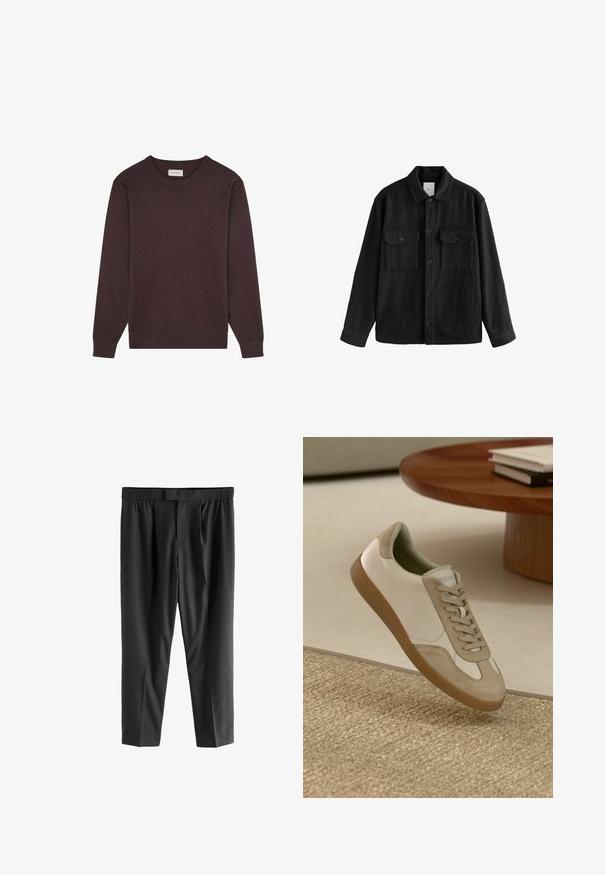 Zwarte oversized shirt gemaakt van zachte stof, met lange mouwen, twee borstzakken, een knoopsluiting aan de voorkant en een klassiek kraagontwerp.; Scalpers ROUND NECK - Trui - burgundy; Next REGULAR FIT -CHECK SMART - Chino - black; Lichte sneaker met een witte leren bovenkant en beige suède accenten, een ronde neus en een gestructureerde bruine rubberen zool.