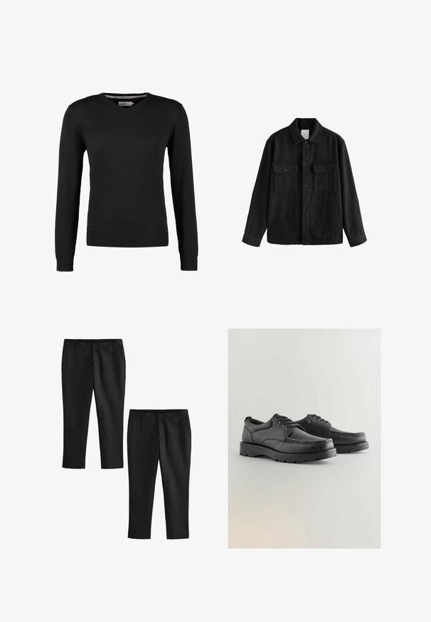 Camisa negra de gran tamaño confeccionada con una tela suave, con mangas largas, dos bolsillos en el pecho, cierre de botones y un diseño de cuello clásico.; Suéter negro, ajustado, con cuello en V y mangas largas. Hecho de un suave tejido de punto, con puños y cinturilla acanalados. Diseño minimalista.; Pantalones negros a medida con una textura suave, que presentan un diseño de pierna recta y una cintura de altura media. Se muestran dos pares, uno de ellos cortos.; Zapatos de cuero negro con texturizado en la parte superior, punta redonda, diseño con cordones y suelas de goma gruesa con un patrón de relieve.