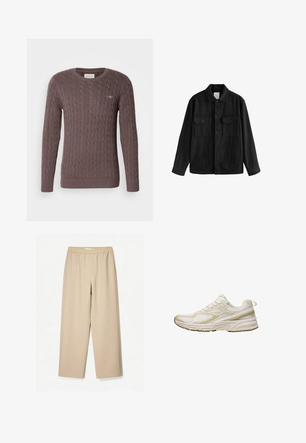 Černá oversized košile vyrobená z měkké látky, s dlouhými rukávy, dvěma náprsními kapsami, předním zapínáním na knoflíky a klasickým límcem.; Hnědý svetr s pleteným vzorem, kulatým výstřihem, dlouhými rukávy a vroubkovanými manžetami a spodním lemem. Obsahuje malé vyšívané logo na hrudi.; Beige kalhoty širokého střihu s elastickým pasem, vyrobené z měkké tkaniny, s hladkým povrchem a minimálním počtem švů.; Bílé sportovní boty vyrobené z prodyšné síťoviny a syntetického materiálu, s zaoblenou špičkou, měkčenou podrážkou a béžovými akcenty po stranách.