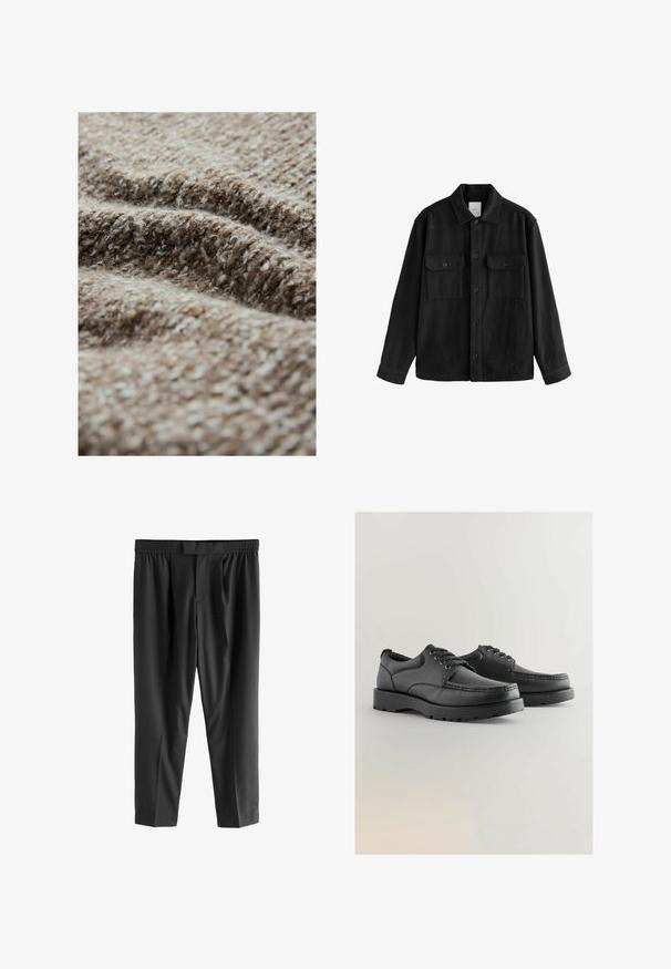 Svart oversized skjorta gjord av mjukt tyg, med långa ärmar, två bröstfickor, knappstängning fram och en klassisk kragsdesign.; Texturerad brun tyg med en fuzzy utseende, med en blandning av ljusa och mörka fibrer, som visar ett vävt mönster och varierande tjocklek.; Next REGULAR FIT -CHECK SMART - Chinos - black; Svarta läderskor med strukturerad ovandel, rund tå, snörningsdesign och tjocka gummisulor med mönstrad sula.