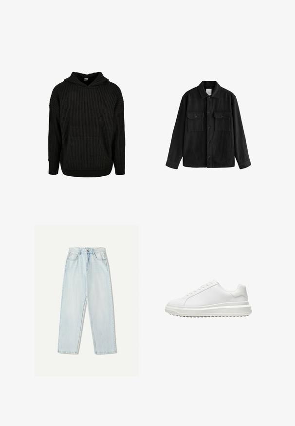 Crna oversized košulja od mekog materijala, s dugim rukavima, dva džepa na prsima, gumbom sprijeda i klasičnim dizajnom ovratnika.; Crna rebrasta pletiva kapa s prednjim đepom i kapuljačom s vezicom. Ima slobodan kroj i teksturiran uzorak na tkanini.; Svijetloplave traperice s opuštenim krojem, ravnim nogavicama, pet džepova i suptilnim izbljeđivanjem na tkanini.; Bijela tenisica s glatkim sintetičkim gornjim dijelom, okruglim vrhom, ravnim vezicama, teksturiranim potplatom i složenim, platformastim dizajnom za dodatnu visinu.
