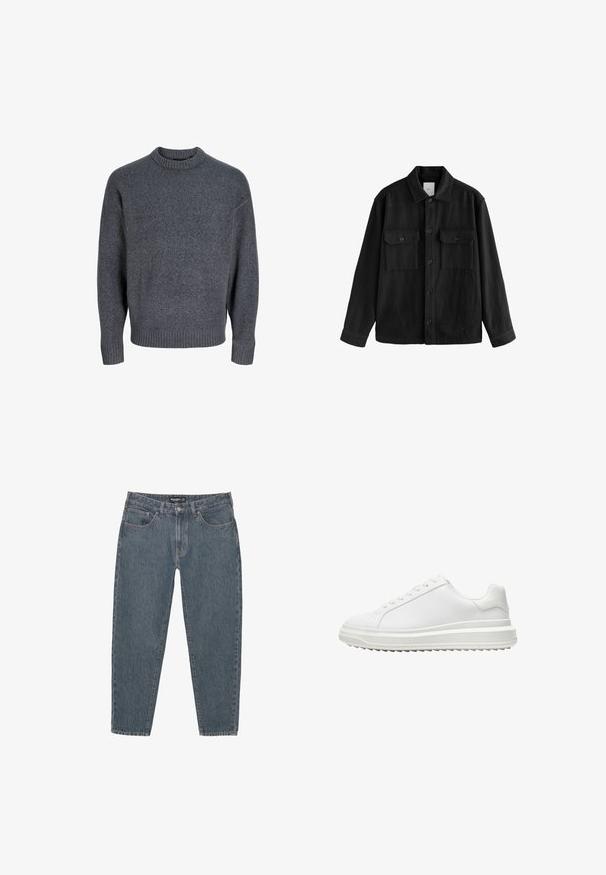 Schwarzes, übergroßes Hemd aus weichem Material, mit langen Ärmeln, zwei Brusttaschen, Knopfverschluss und klassischem Kragen.; Grauer Pullover aus weichem Stoff, mit einem gerippten Rundhalsausschnitt und Bündchen, einfachem, klassischem Design und strukturierten Oberfläche.; Dunkelblaue Jeans aus Denim mit lockerer Passform, Fünf-Taschen-Design, Knopfverschluss und leicht fransigem Saum. Strapazierfähiges Material mit subtiler Textur.; Weißer Sneaker mit einem glatten synthetischen Obermaterial, runder Spitze, flachen Schnürsenkeln, strukturiertem Sohlen und einem geschichteten, Plattform-Design für zusätzlichen Halt.