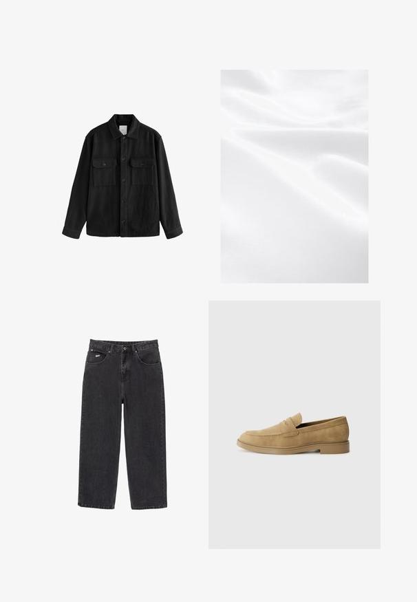 Fekete, túlnyúló ing puha anyagból, hosszú ujjakkal, két mellzsebbel, gombos elülső résszel és klasszikus gallér dizájnnal.; Fehér szövet sima textúrával, ráncokkal és finom fénylő felülettel, amely könnyű és puha anyagra utal.; Fekete egyenes szárú farmernadrág öt zsebbe és gombos záródással, a jobb elülső zseben egy kis fehér logóval.; Barna suede loafer cipők lekerekített orral, alacsony blokksarkú, és varrott részletezéssel a felső részen. Simító textúra és minimalista kialakítás.