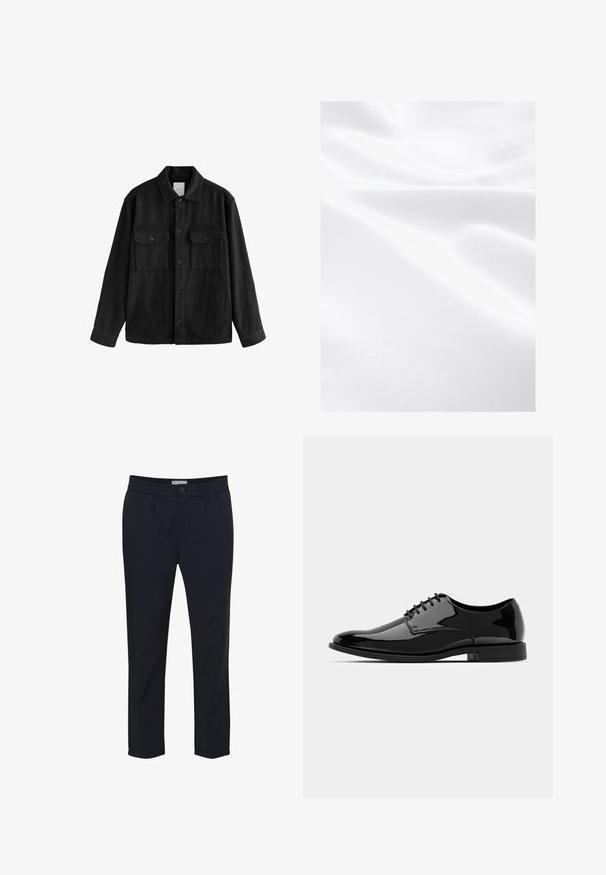 Chemise oversize noire en tissu doux, dotée de manches longues, de deux poches poitrine, d'une fermeture à boutons et d'un col classique.; Tissu blanc à la texture lisse, présentant des plis et une légère brillance, indiquant un matériau léger et doux.; Pantalon bleu marine en tissu lisse, avec une coupe standard, passants de ceinture, fermeture à bouton sur le devant et deux poches latérales.; Chaussure de dress en cuir verni noir avec un bout arrondi, un design à lacets et une surface lisse et brillante. Dispose d'une semelle en caoutchouc discrète.