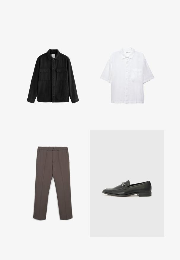 Schwarzes, übergroßes Hemd aus weichem Material, mit langen Ärmeln, zwei Brusttaschen, Knopfverschluss und klassischem Kragen.; Weißes Kurzarmhemd mit Knopfleiste, Kragen und einer Brusttasche. Aus leichtem Stoff mit glatter Textur gefertigt.; Braune gerade geschnittene Anzughose mit Seitentaschen, Knopfverschluss und Gürtelschlaufen, flach auf weißem Hintergrund präsentiert.; Schwarzer Lederloafer mit glatter Oberfläche, ausgestattet mit einer gesteppten Gestaltung und einem dekorativen Metallkettendetail über dem Vorderblatt. Flacher Absatz.