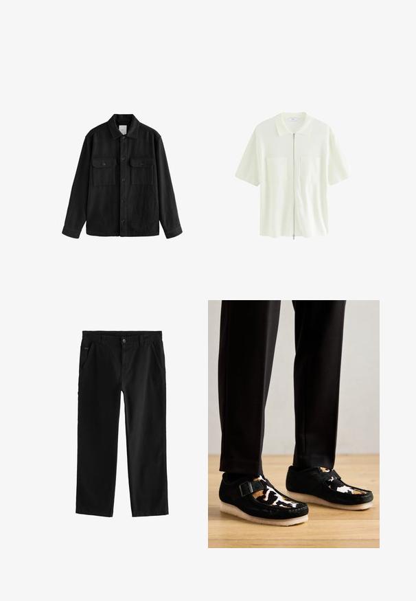 Melna pārspīlēta krekla, kas izgatavots no mīksta auduma, iezīme ir garas piedurknes, divas krūšu kabatas, pogu aizdare un klasiskā apkakle.; Īsām piedurknēm, balts jaku krekls, izgatavots no teksturēta auduma, ar apkakles izgriezumu un divām priekšējām kabatām ar kvadrātveida vāciņiem.; Melni kokvilnas bikses ar taisnu kāju dizainu, kas piedāvā priekšējo pogu aizdari, slīpas sānu kabatas un smalkas duršanas detaļas.; Melnas un rakstainas slēpjamas kurpes iezīmējas ar pēc govs ādas līdzīgu augšdaļu ar sprādzi, un tām ir faktūru balta zole. Nēsātas ar melniem biksēm.