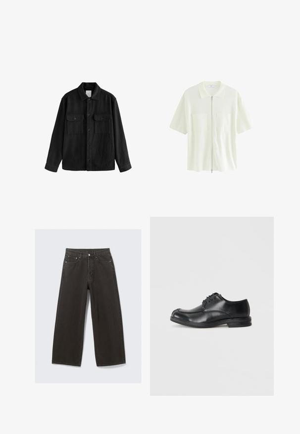 Zwarte oversized shirt gemaakt van zachte stof, met lange mouwen, twee borstzakken, een knoopsluiting aan de voorkant en een klassiek kraagontwerp.; Korte mouw, witte ritshemd gemaakt van textuurstof, met een kraag en twee voorzakken met vierkante flappen.; Wijdbenige zwarte denim jeans hebben een hoge taille, vijf zakken en een knoopsluiting. De stof heeft een zachte, gestructureerde afwerking.; Zwarte leren veterschoenen met een ronde neus, een gladde textuur en een lage hak. Kenmerkt zich door stiksel details langs de bovenkant en zijkanten.