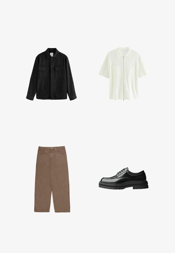 Czarna, oversize koszula wykonana z miękkiego materiału, z długimi rękawami, dwiema kieszeniami na piersi, z przodem zapinanym na guziki oraz klasycznym kołnierzem.; Krótki rękaw, biała koszula na zamek, wykonana z teksturowanej tkaniny, z wykończeniem kołnierzyka i dwiema przednimi kieszeniami z kwadratowymi klapami.; Brązowe szerokie spodnie wykonane z bawełny, z dwoma przednimi kieszeniami i zapięciem na guzik. Materiał ma miękką strukturę i matowe wykończenie.; Czarny skórzany but o gładkim wykończeniu, okrągłym nosku, sześcioma otworami na sznurowadła i grubą, teksturowaną gumową podeszwą.