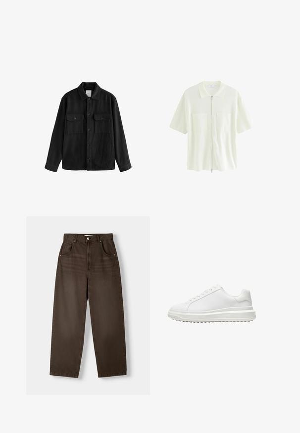 Černá oversized košile vyrobená z měkké látky, s dlouhými rukávy, dvěma náprsními kapsami, předním zapínáním na knoflíky a klasickým límcem.; Krátký rukáv, bílá zipová košile z texturované látky, s límečkem a dvěma předními kapsami se čtvercovými klapkami.; Hnědé, vysoké džíny s rovnými nohavicemi, vyrobené z denimu, s dvěma předními kapsami a knoflíkovým zapínáním. Hladká textura.; Bílé tenisky s hladkým syntetickým svrškem, kulatou špičkou, plochými tkaničkami, texturovanou podrážkou a vrstveným designem platformy pro zvýšení výšky.