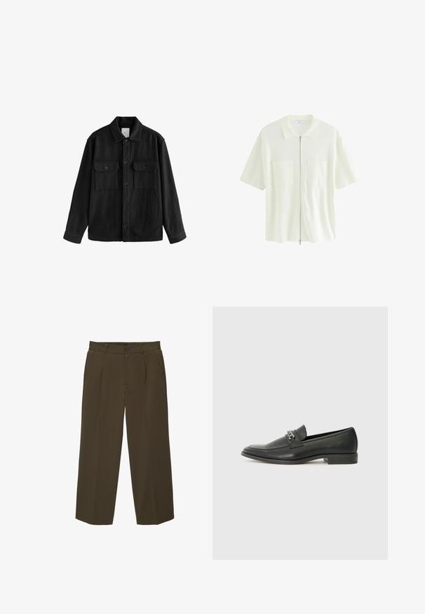 Sort oversized skjorte lavet af blødt stof, med lange ærmer, to brystlommer, knaplukning foran og en klassisk kravedesign.; Kortærmet, hvid zip-shirt lavet af struktureret stof, med krave og to forlommer med firkantede klapper.; Brune, løst siddende bukser lavet af blødt stof med flad front, sidelommer og knaplukning i taljen. Ensfarvet design uden mønstre.; Sorte læder loafers med en glat finish, der har et syet design og et dekorativt metal kædeaccent hen over vamps. Flad hæl.