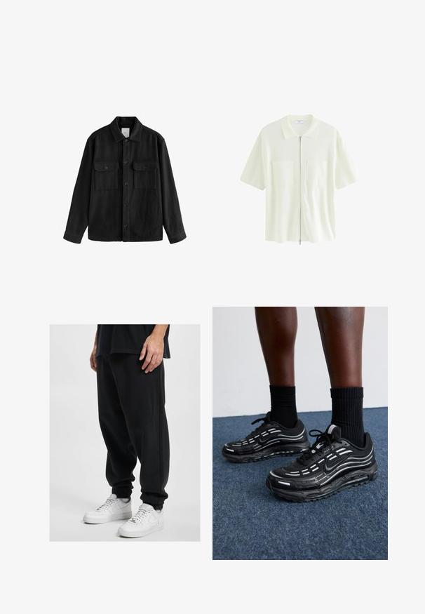 Musta ylipitkä paita, joka on valmistettu pehmeästä kankaasta. Paidan ominaisuuksiin kuuluvat pitkät hihat, kaksi rintataskua, nappisulku ja klassinen kaulussuunnittelu.; Hihaton, valkoinen vetoketjupaita, joka on valmistettu tekstuurista kankaasta. Paidassa on kauluksellinen kaula-aukko ja kaksi etutaskua, joissa on neliönmuotoiset läpät.; DEF Verryttelyhousut - black washed; Mustat Nike-kengät, joissa on verkkomateriaali ja korostetut raidat, teksturoitu nauhoitus ja musta kumipohja. Yhdistetty mustiin ribbikurottimiin.