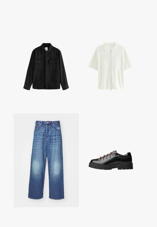 Svart oversized skjorta gjord av mjukt tyg, med långa ärmar, två bröstfickor, knappstängning fram och en klassisk kragsdesign.; Kortärmad, vit zip-up skjorta i texturerad tyg, med krage och två framfickor med fyrkantiga lock.; Breda blå denimjeans med en urtvättad finish, fem fickor och knappstängning. Slät textur med subtila urtvättningar vid knäna.; Svart läderskohyra med röda och vita snören, stora öglor och en kraftig sål med mönstring för grepp och stabilitet.