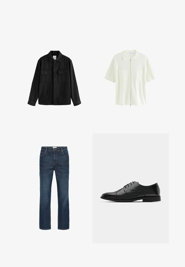 Camicia nera oversize in tessuto morbido, con maniche lunghe, due tasche sul petto, chiusura a bottoni e un classico design del colletto.; Camicia bianca a maniche corte con zip, realizzata in tessuto testurizzato, caratterizzata da un colletto e due tasche frontali con pattine quadrate.; Jeans in denim blu scuro con taglio dritto, cinque tasche, cuciture in contrasto e un girovita con bottone metallico e passanti per la cintura.; Scarpa da uomo in pelle nera con punta rotonda, design con lacci, dettagli di cucitura discreti e tacco basso. Texture liscia con finitura lucida.