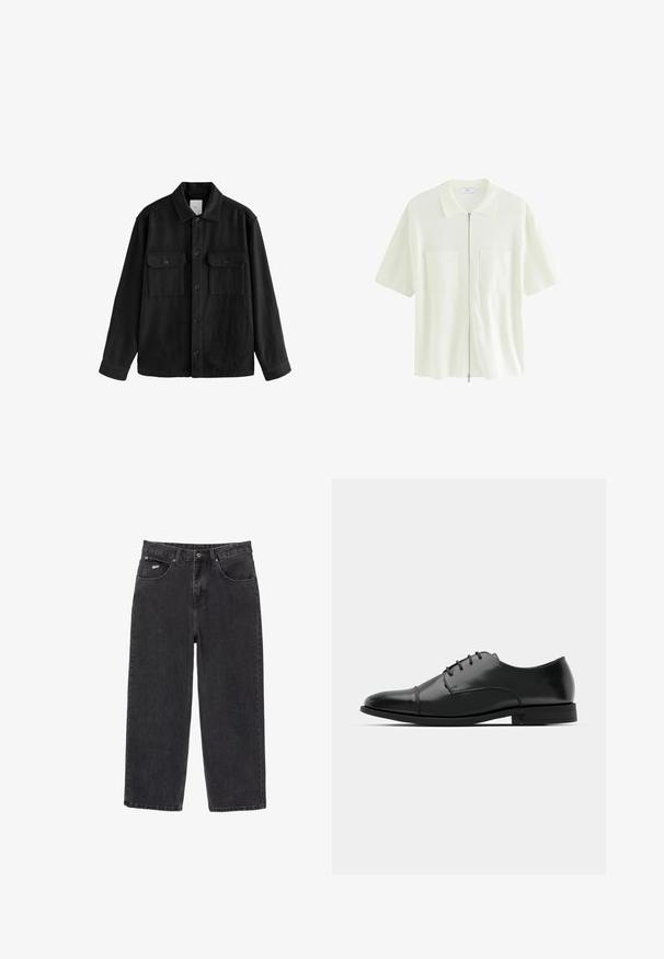 Czarna, oversize koszula wykonana z miękkiego materiału, z długimi rękawami, dwiema kieszeniami na piersi, z przodem zapinanym na guziki oraz klasycznym kołnierzem.; Krótki rękaw, biała koszula na zamek, wykonana z teksturowanej tkaniny, z wykończeniem kołnierzyka i dwiema przednimi kieszeniami z kwadratowymi klapami.; Czarne dżinsy prostego kroju z pięcioma kieszeniami i zapięciem na guzik, z małym białym logo na przedniej prawej kieszeni.; Czarne skórzane buty do garnituru z okrągłym noskiem, sznurowanym zapięciem, subtelnymi detalami przeszycia oraz niskim obcasem. Gładka faktura z polerowanym wykończeniem.