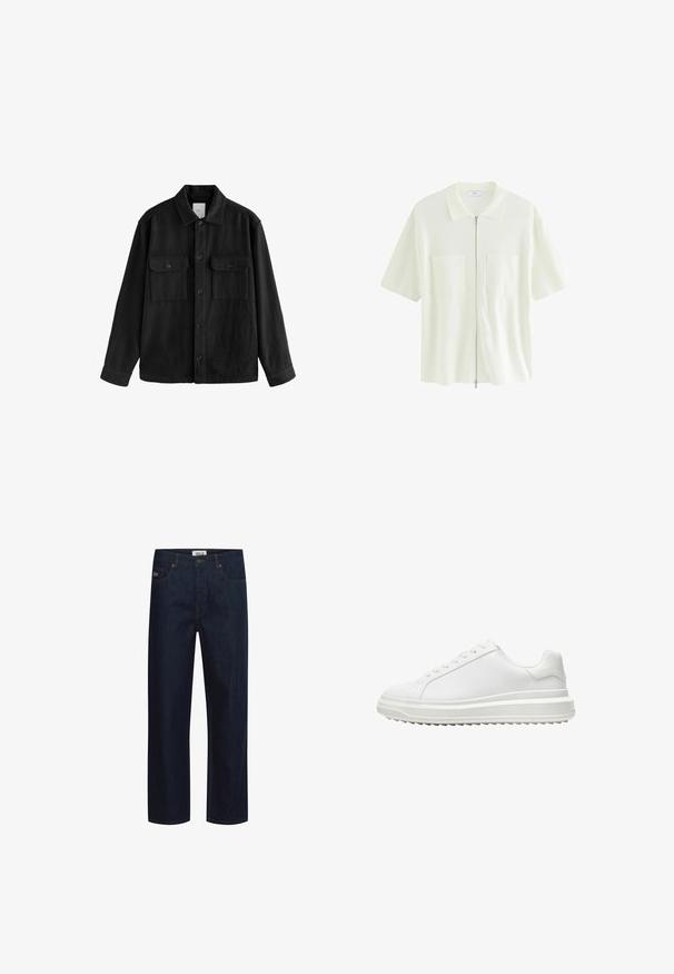 Černá oversized košile vyrobená z měkké látky, s dlouhými rukávy, dvěma náprsními kapsami, předním zapínáním na knoflíky a klasickým límcem.; Krátký rukáv, bílá zipová košile z texturované látky, s límečkem a dvěma předními kapsami se čtvercovými klapkami.; Tmavě modré džíny z denimu s rovnými nohavicemi, mají pět kapes, kontrastní švy a značkovou štítek na pasu.; Bílé tenisky s hladkým syntetickým svrškem, kulatou špičkou, plochými tkaničkami, texturovanou podrážkou a vrstveným designem platformy pro zvýšení výšky.