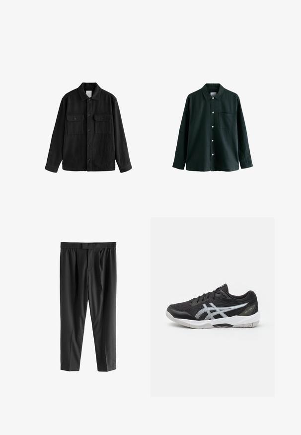 Fekete, túlnyúló ing puha anyagból, hosszú ujjakkal, két mellzsebbel, gombos elülső résszel és klasszikus gallér dizájnnal.; Sötétzöld gombos ing, gallérral, hosszú ujjú, egyetlen mellzsebbel; fehér gombokkal és puha tapintással rendelkezik.; Next REGULAR FIT -CHECK SMART - Vászonnadrágok - black; Fekete sportcipő hálós fejrészével, fényvisszaverő ezüst logóval, gumitalppal és fehér kiegészítőkkel. Párnázott nyakkal és tartós kivitelezéssel rendelkezik.