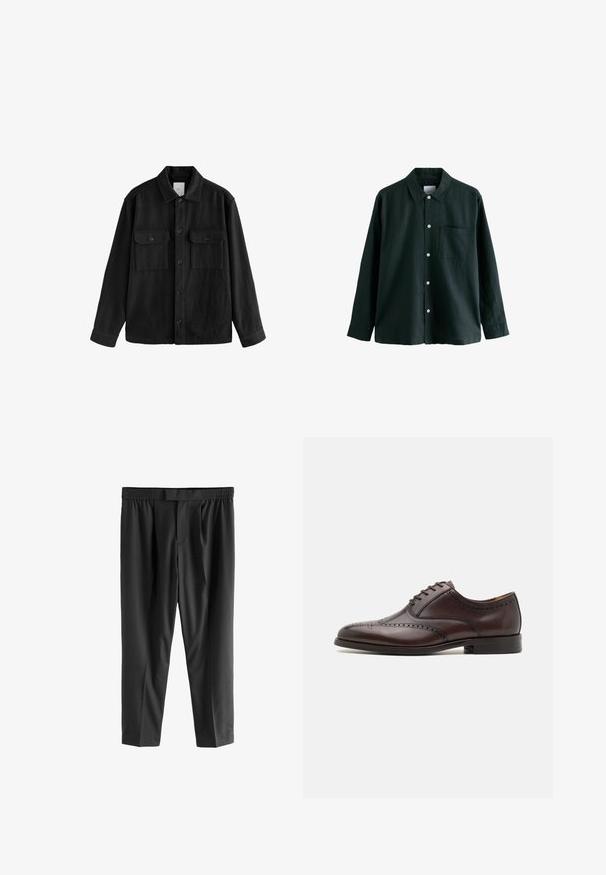 Černá oversized košile vyrobená z měkké látky, s dlouhými rukávy, dvěma náprsními kapsami, předním zapínáním na knoflíky a klasickým límcem.; Temně zelená košile na knoflíky s límečkem, dlouhými rukávy a jednou kapsou na prsou; má bílé knoflíky a měkkou texturu.; Next REGULAR FIT -CHECK SMART - Chino kalhoty - black; ALDO DONALD - Elegantní šněrovací boty - dark brown
