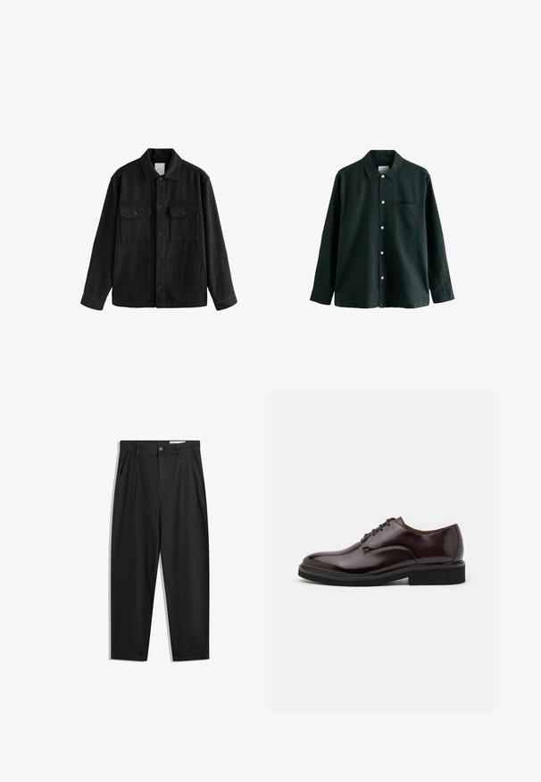 Camicia nera oversize in tessuto morbido, con maniche lunghe, due tasche sul petto, chiusura a bottoni e un classico design del colletto.; Camicia button-up verde scuro con colletto, maniche lunghe e una tasca sul petto; presenta bottoni bianchi e una consistenza morbida.; Pantaloni in cotone neri con una vestibilità rilassata, dotati di una vita classica, pieghe frontali e tasche laterali. Tessuto liscio senza fantasie.; Scarpa Oxford in pelle marrone con finitura lucida, punta rotonda, design con lacci e suola in gomma nera spessa. Dettaglio di cucitura sulla parte superiore.