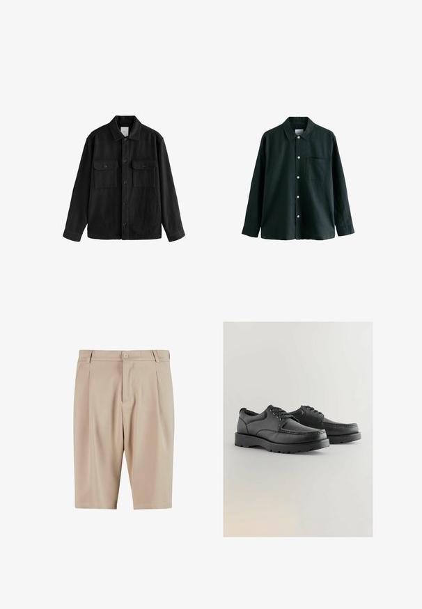 Zwarte oversized shirt gemaakt van zachte stof, met lange mouwen, twee borstzakken, een knoopsluiting aan de voorkant en een klassiek kraagontwerp.; Donkergroene overhemden met kraag, lange mouwen en een enkele borstzak; heeft witte knopen en een zachte textuur.; Beige op maat gemaakte shorts met plooien, voorzien van een knoopsluiting en een klassiek design. Glad materiaal, knielange snit en geen zichtbare zakken.; Zwarte leren schoenen met een gestructureerde bovenkant, ronde neus, vetersluiting en dikke rubberen zolen met een patroon.