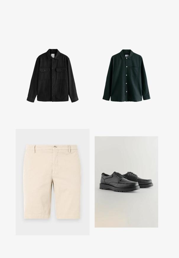 Must have suure ja pehmest kangast oversize-särk, millel on pikad varrukad, kaks rinnataskut, nööpidega esiosa ja klassikaline krae.; Tume roheline nööbitav särk, millel on krae, pikad varrukad ja üks rindade tasku; sisaldab valgeid nööpe ja pehmet tekstuuri.; Biege puuvillased lühikesed püksid, millel on sile esiosa, tõmblukk, nupuga sulgemine ja küljetaskud. Sile tekstuur ja põlvekõrgune disain.; Mustad nahast kingad tekstuuriga ülemise osa, ümmargune varvas, paelkinnitusega disain ja paksud kummist tallad, millel on pidurdamise muster.