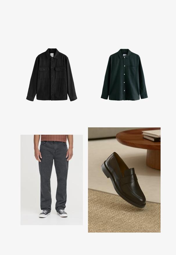 Czarna, oversize koszula wykonana z miękkiego materiału, z długimi rękawami, dwiema kieszeniami na piersi, z przodem zapinanym na guziki oraz klasycznym kołnierzem.; Ciemnozielona koszula z długim rękawem i kołnierzykiem, posiadająca jedną kieszeń na piersi; wyróżnia się białymi guzikami i miękką fakturą.; Czarne dżinsy o prostym kroju, z kieszeniami z przodu, zamkiem błyskawicznym oraz subtelną fakturą. Noszone z czarno-białymi trampkami.; Czarne skórzane mokasyny o gładkim wykończeniu, zaokrąglonym nosku i dekoracyjnym pasku na górze. Niski gumowy obcas, osadzony na teksturowanej powierzchni.