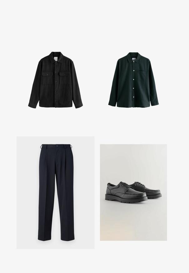 Melna pārspīlēta krekla, kas izgatavots no mīksta auduma, iezīme ir garas piedurknes, divas krūšu kabatas, pogu aizdare un klasiskā apkakle.; Tumši zaļš krekls ar apkakli, garām piedurknēm un vienu krūšu kabatu; ir baltas pogas un maiga tekstūra.; Jūras zila bikses, kas izgatavotas no gludas auduma, ar taisnu griezumu, krokotu priekšpusi un pogu aizdari jostasvietā.; Melnas ādas kurpes ar teksturētu virsotni, apaļu purngali, auklu aizdari, un biezām gumijas zolēm ar profilētu rakstu.