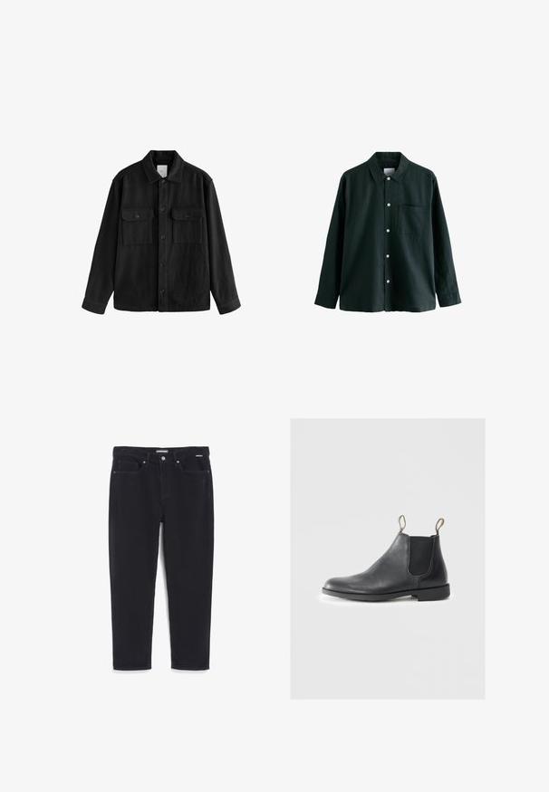 Schwarzes, übergroßes Hemd aus weichem Material, mit langen Ärmeln, zwei Brusttaschen, Knopfverschluss und klassischem Kragen.; Dunkelgrünes Hemd mit Knöpfen, einem Kragen, langen Ärmeln und einer einzelnen Brusttasche; verfügt über weiße Knöpfe und eine weiche Textur.; Schwarze Cordhosen mit geraden Beinen, fünf Taschen, einem Knopfverschluss und subtiler Rippstruktur.; Schwarze Leder Chelsea-Stiefel mit elastischen Seiteneinsätzen, Zuglaschen, runder Zehenpartie und einem niedrigen Blockabsatz. Glatte Textur mit minimalen Details.