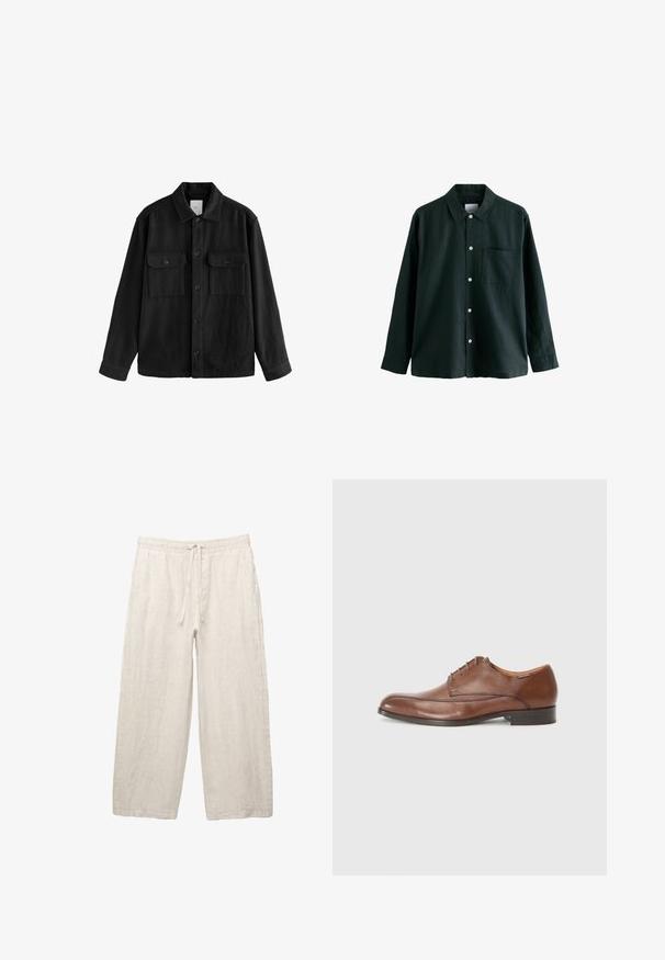 Musta ylipitkä paita, joka on valmistettu pehmeästä kankaasta. Paidan ominaisuuksiin kuuluvat pitkät hihat, kaksi rintataskua, nappisulku ja klassinen kaulussuunnittelu.; Tummanvihreä napitettava paita, jossa on kaulus, pitkät hihat ja yksi rintatasku; siinä on valkoiset napit ja pehmeä tekstuuri.; Vaaleanbeige pellavahousut, joissa on joustava vyötärö, säätönyöri, leveät lahkeet ja sivutaskut. Sulava rakenne.; Ruske kožne cipele s glatkom završnom obradom, zaobljenim vrhom, vezanjem na pet rupica i niskim, ravnim potplatom. Suptilni šavovi ukrašavaju strane.