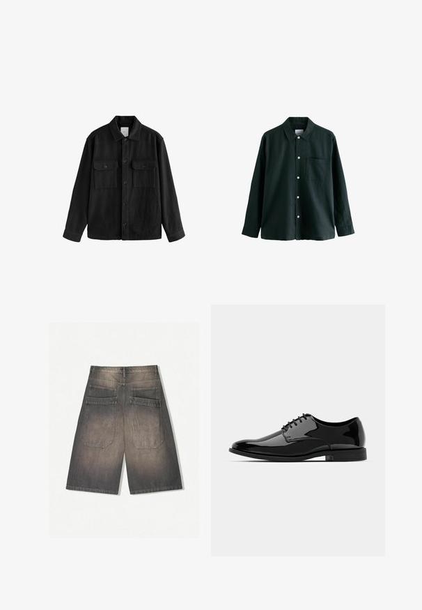 Fekete, túlnyúló ing puha anyagból, hosszú ujjakkal, két mellzsebbel, gombos elülső résszel és klasszikus gallér dizájnnal.; Sötétzöld gombos ing, gallérral, hosszú ujjú, egyetlen mellzsebbel; fehér gombokkal és puha tapintással rendelkezik.; Sötétszürke farmer rövidnadrág, fakó hatással, két hátsó zsebbel és egyenes, széles lábakkal. Nincs látható fémalkatrész vagy díszítés.; Fekete lakkbőr félcipő lekerekített orral, fűzős kialakítással és sima, fényes felülettel. Alacsony profilmagasságú gumitalppal rendelkezik.